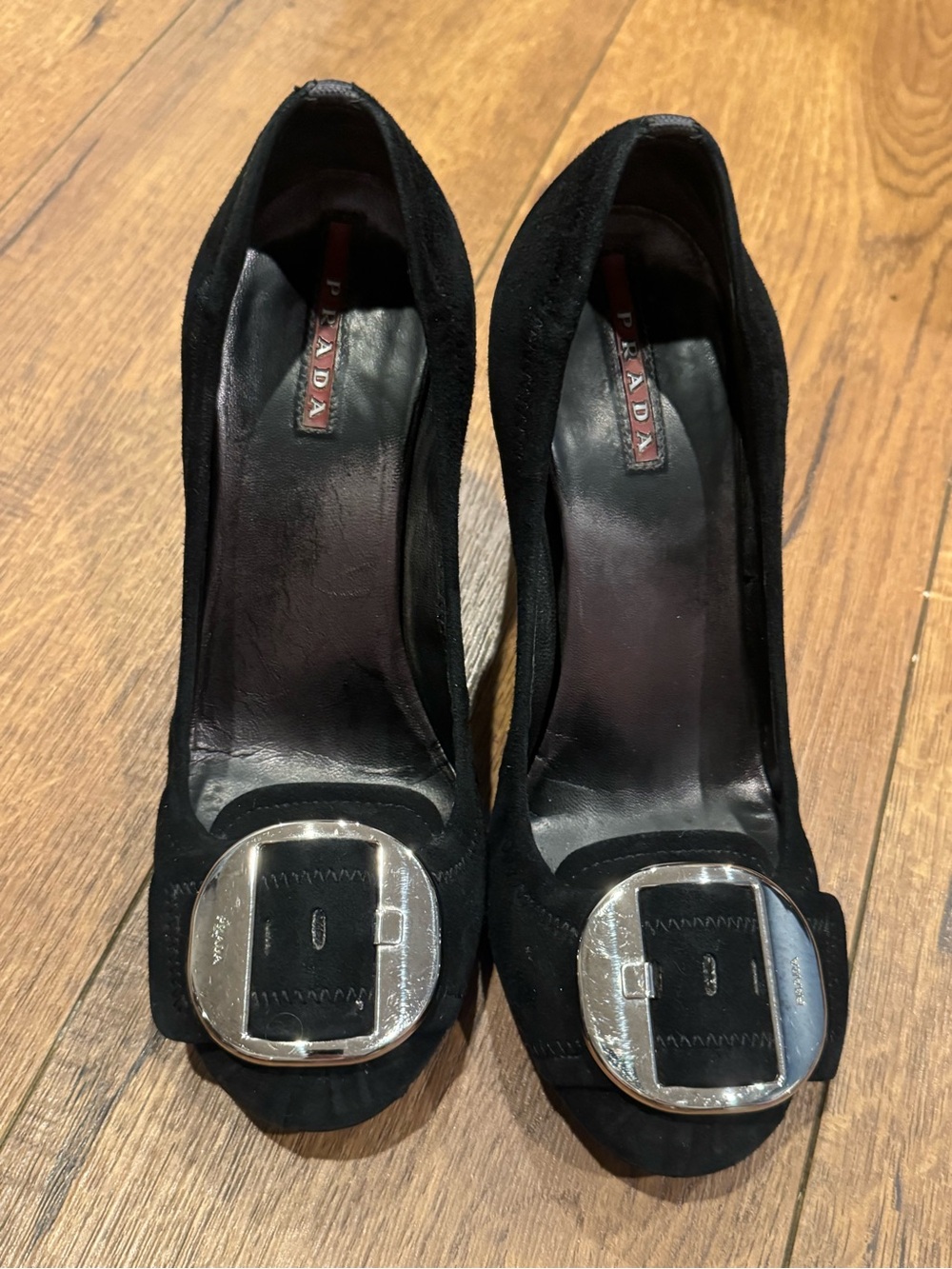 Vintage Prada Black Suede block heels with Silver Buckle